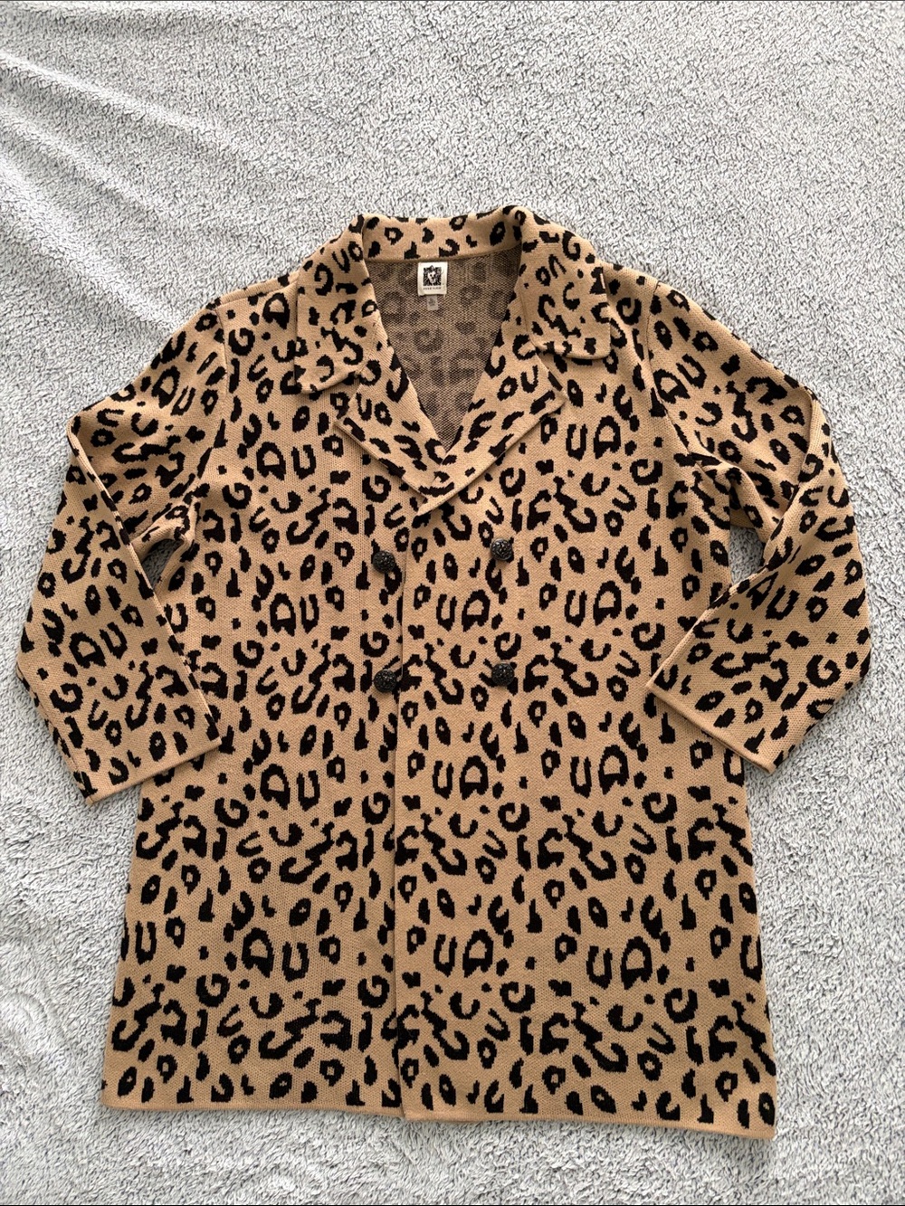 Anne Klein Leopard Print Double-Breasted Sweater Coat - Camel and Black